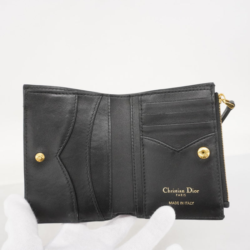 【5mc2783】クリスチャンディオール 財布 カナージュ レザー ブラック ゴールド金具【中古】レディース