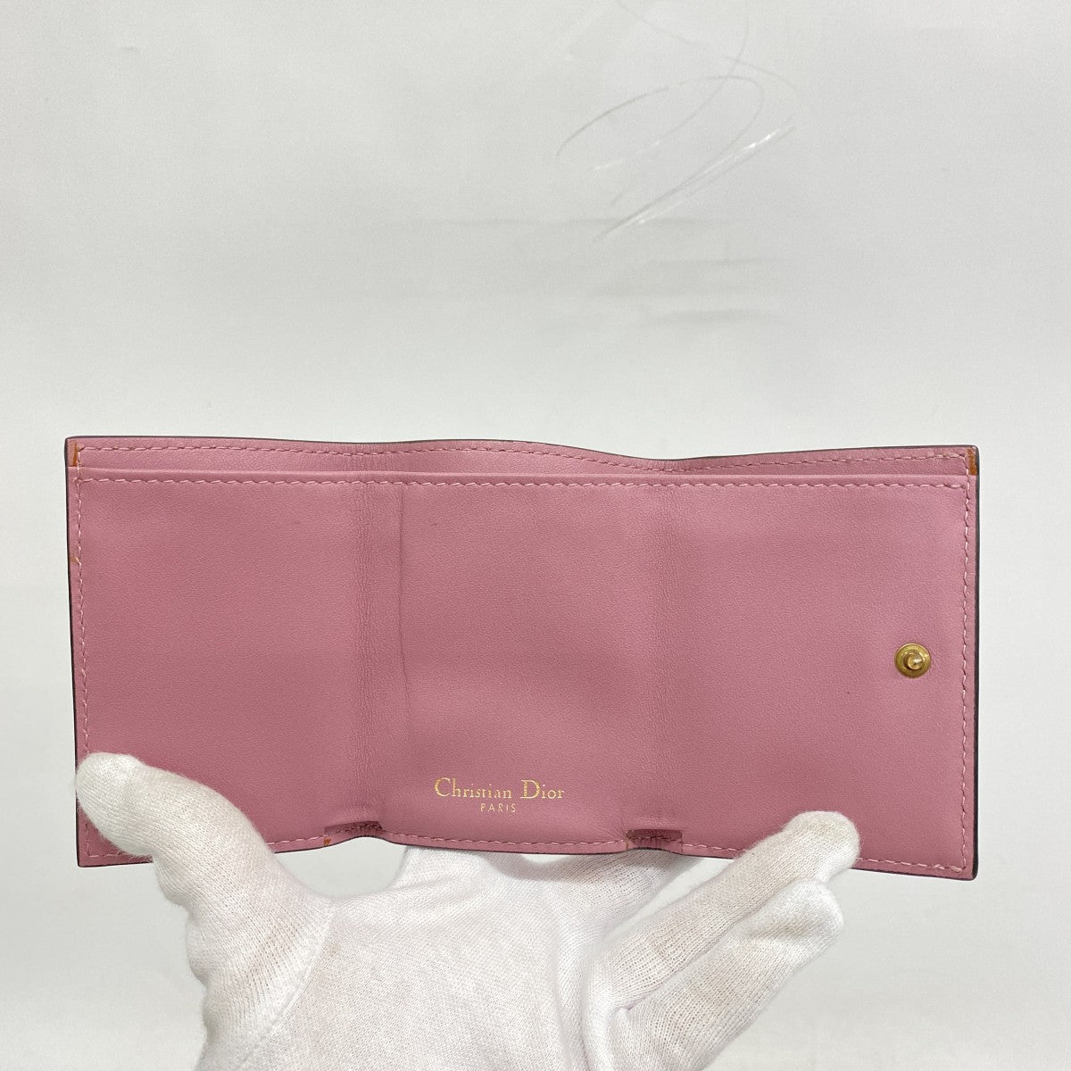 【5md5152】クリスチャンディオール 三つ折り財布 サドル レザー ピンク ゴールド金具【中古】レディース