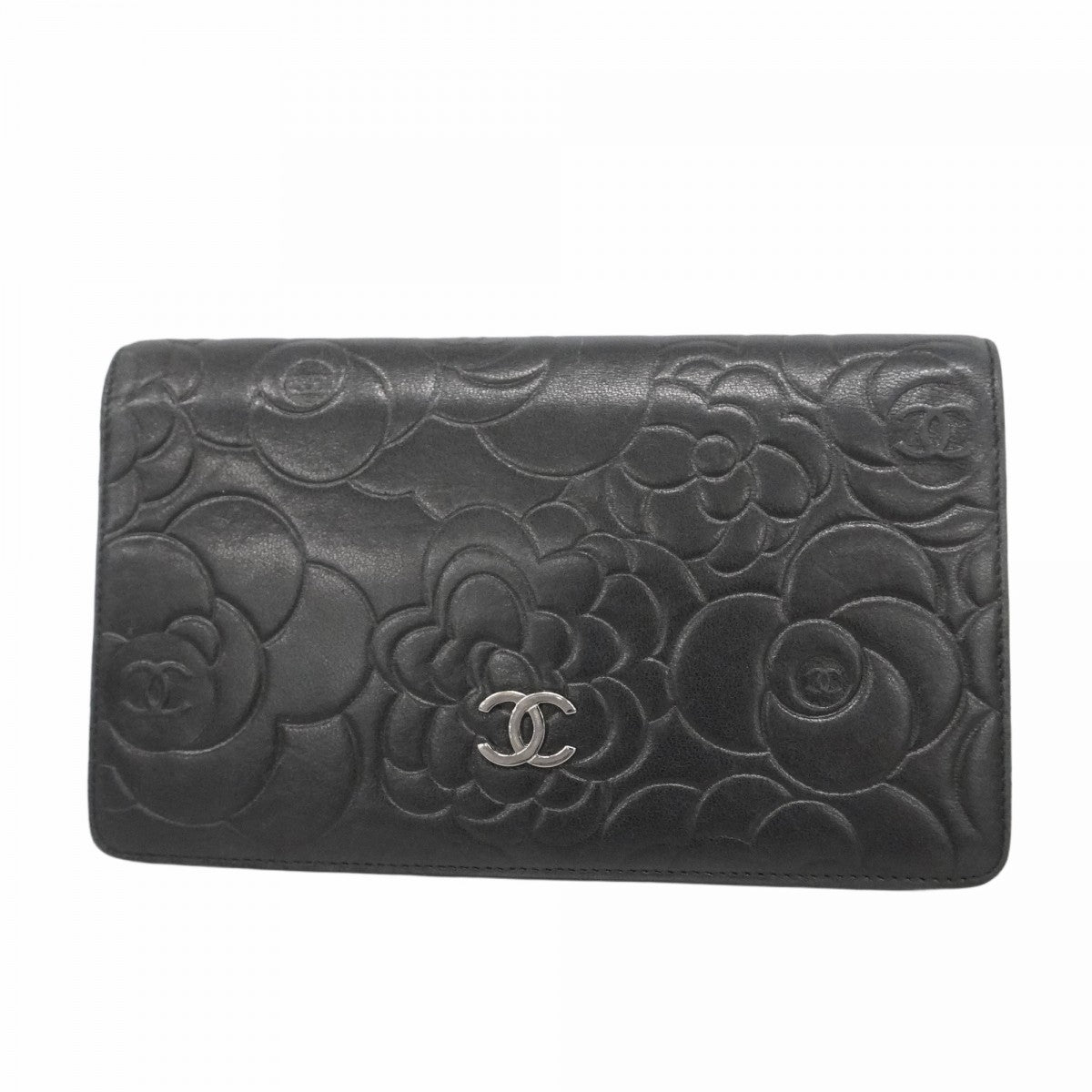 5md5247】シャネル 長財布 カメリア ラムスキン ブラック