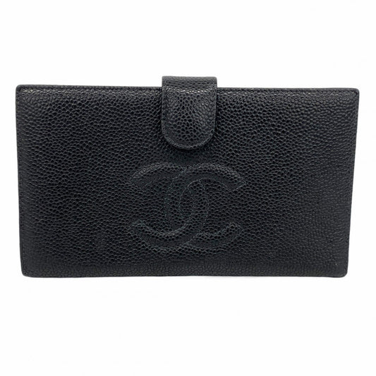 【5me5725-h】シャネル 長財布 キャビアスキン ブラック ゴールド金具【中古】レディース
