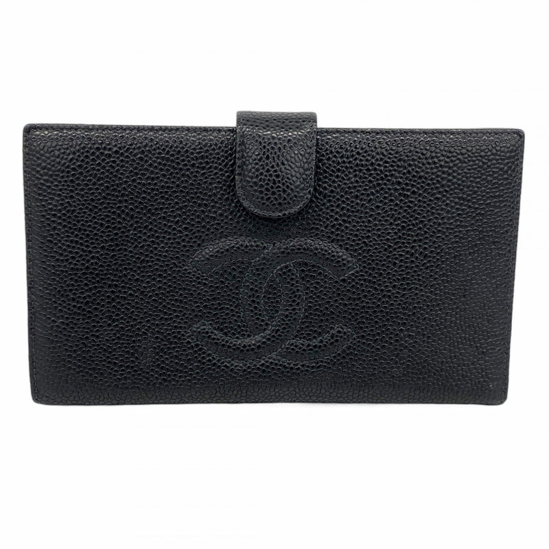 【5me5725-h】シャネル 長財布 キャビアスキン ブラック ゴールド金具【中古】レディース