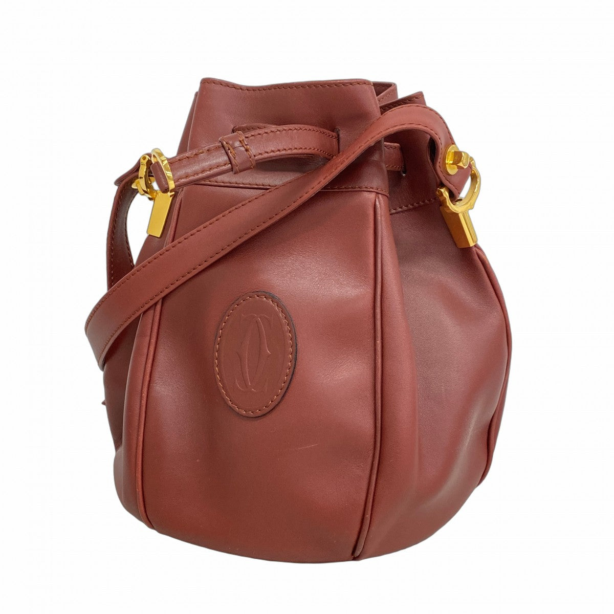 【美品】カルティエ　ショルダーバッグ　ポシェット　レザー　ボルドー　ゴールド金具 5od4123】カルティエ ショルダーバッグ マスト レザー ボルドー