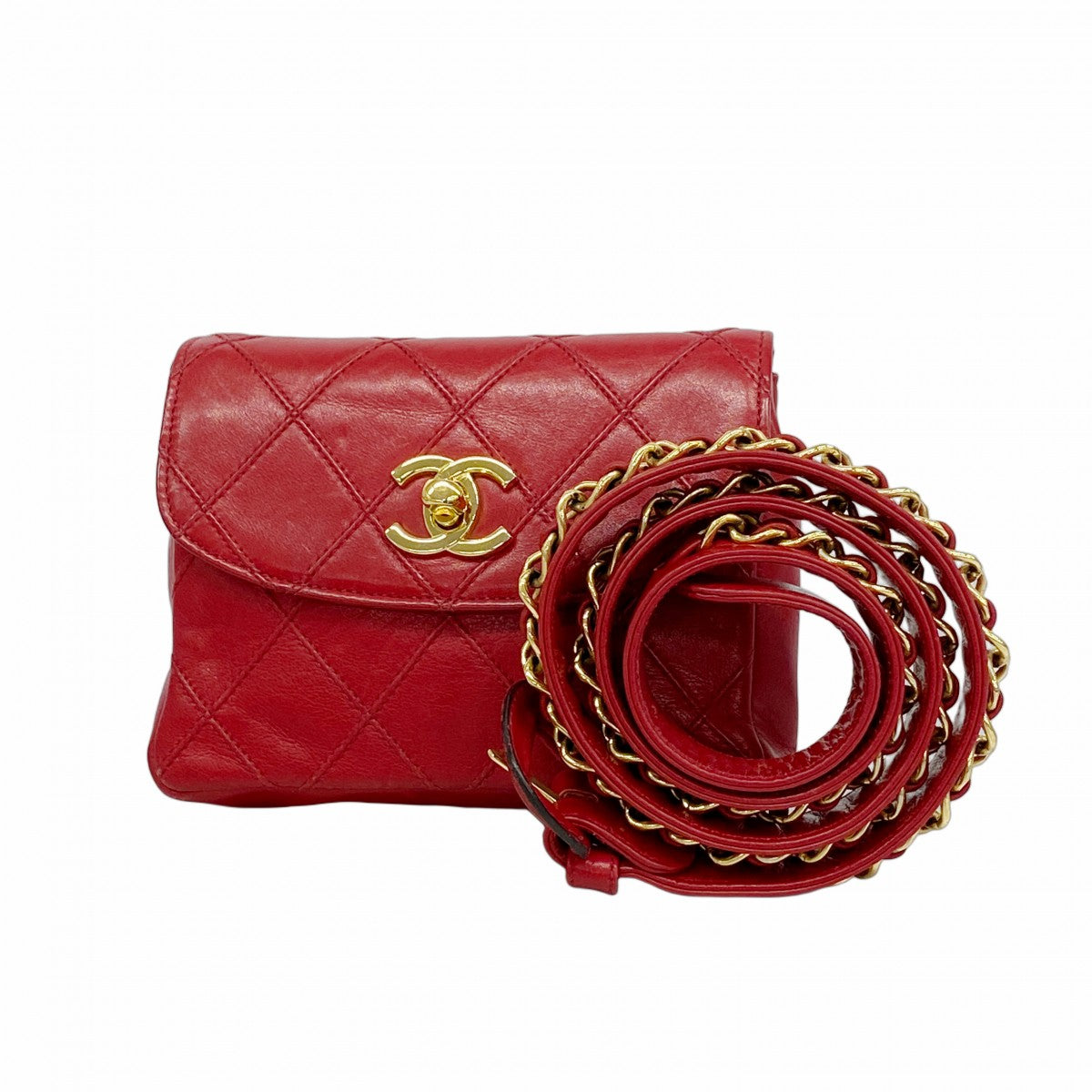 5od4803】シャネル ウエストバッグ ビコローレ ラムスキン レッド