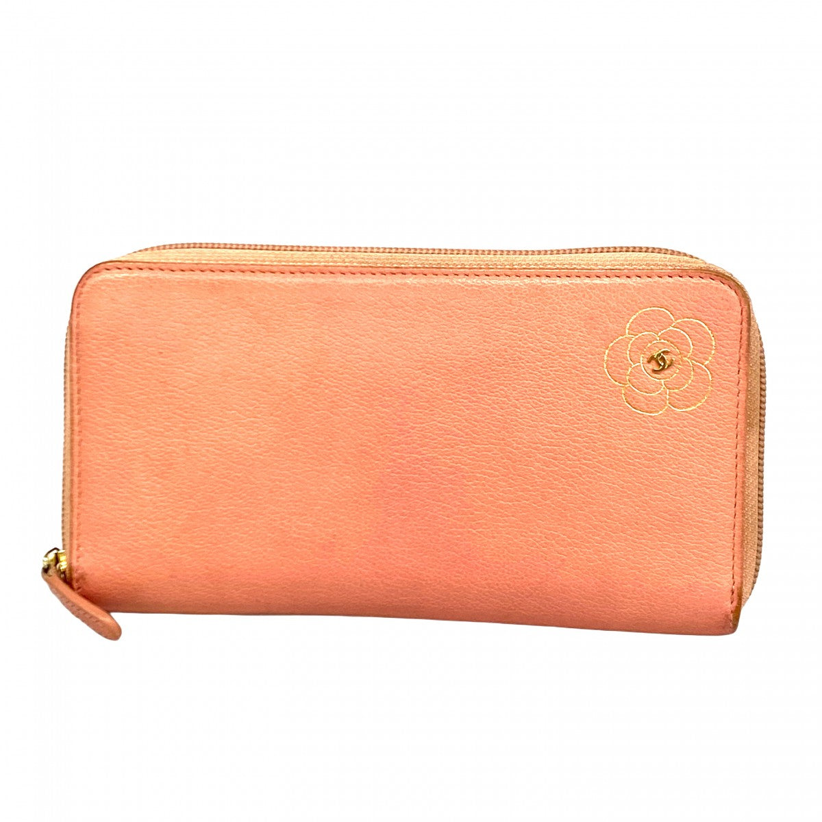 5oe5697-h】シャネル 長財布 カメリア レザー ピンク ゴールド金具