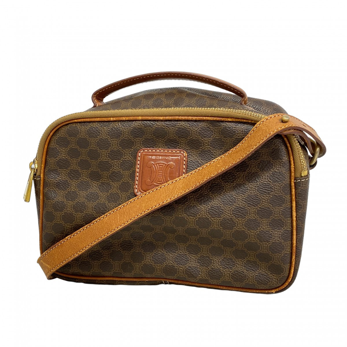 5oe6085】セリーヌ ハンドバッグ マカダム PVC ブラウン ゴールド金具