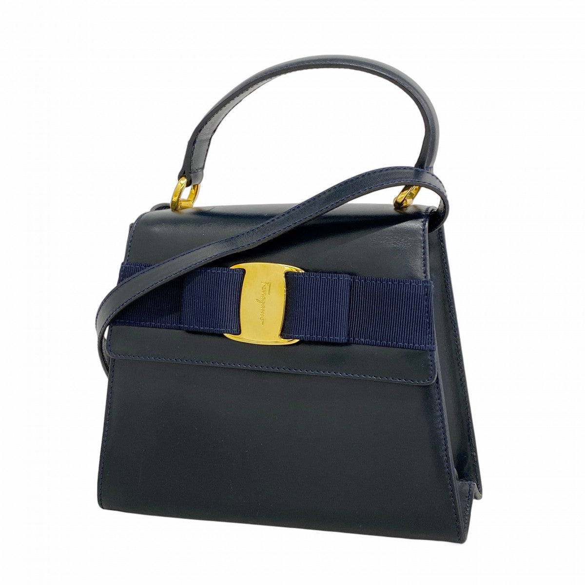 【美品】フェラガモ　ハンドバッグ　ヴァラリボン　レザー　ゴールド金具　ネイビー 5pb1648】サルヴァトーレフェラガモ ハンドバッグ ヴァラ レザー