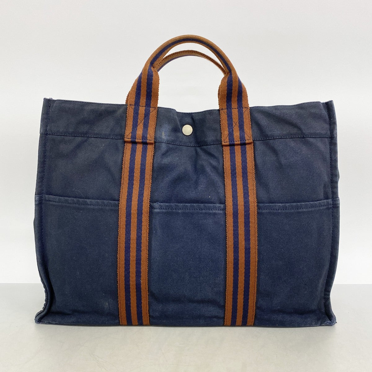 【6ee6438-k】エルメス トートバッグ フールトゥMM キャンバス ネイビー シルバー金具【中古】メンズ レディース ユニセックス