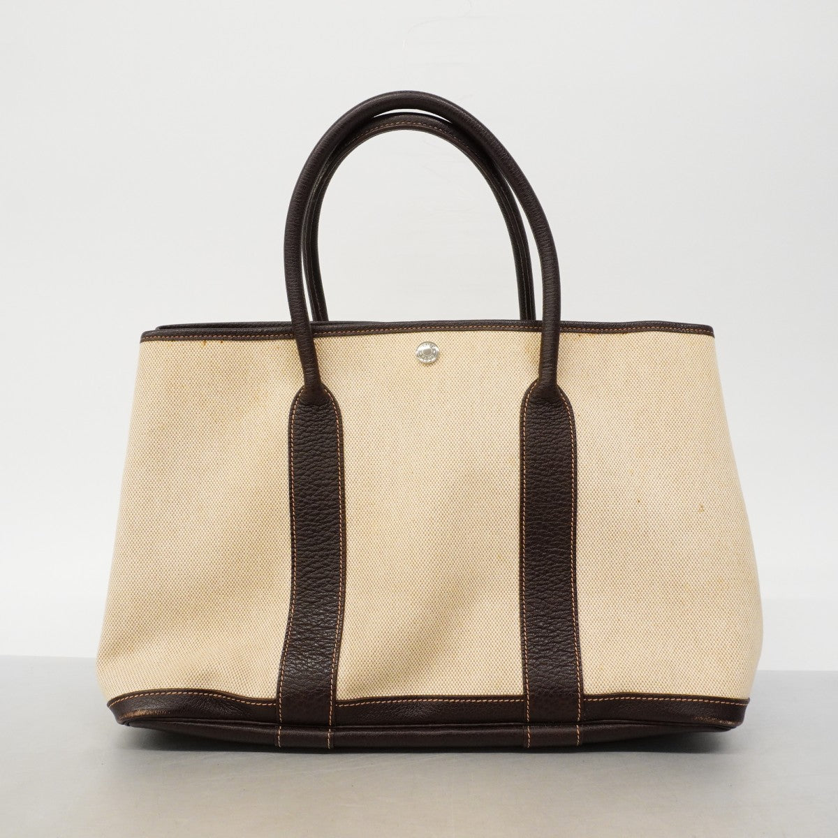 【6fc4244】エルメス トートバッグ ガーデンパーティPM トワルアッシュ ブラウン シルバー金具 □J刻印【中古】レディース