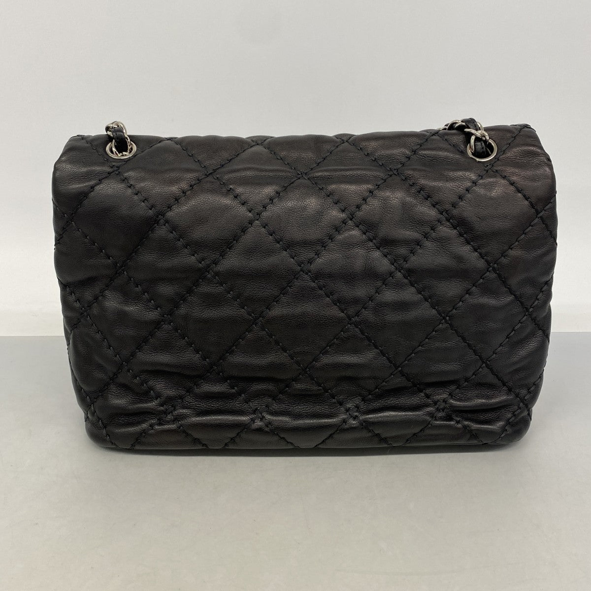 【6ga0351-k】シャネル ショルダーバッグ Wチェーン ワイルドステッチ レザー ブラック シルバー金具【中古】レディース