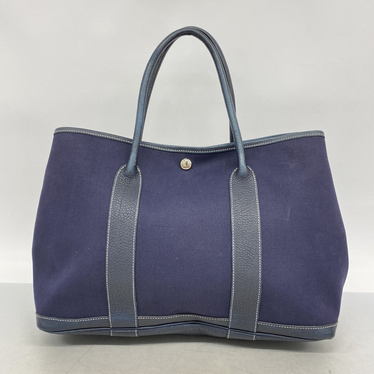【6gc3086-h】エルメス トートバッグ ガーデンパーティPM トワルアッシュ ネイビー シルバー金具 □I刻印【中古】レディース