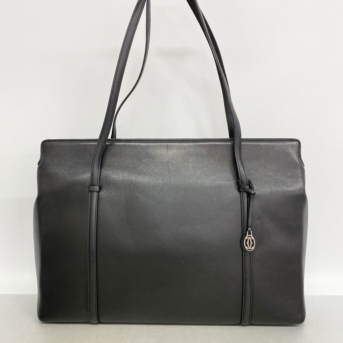 【6hb0916】カルティエ トートバッグ カボション レザー ブラック シルバー金具【中古】レディース