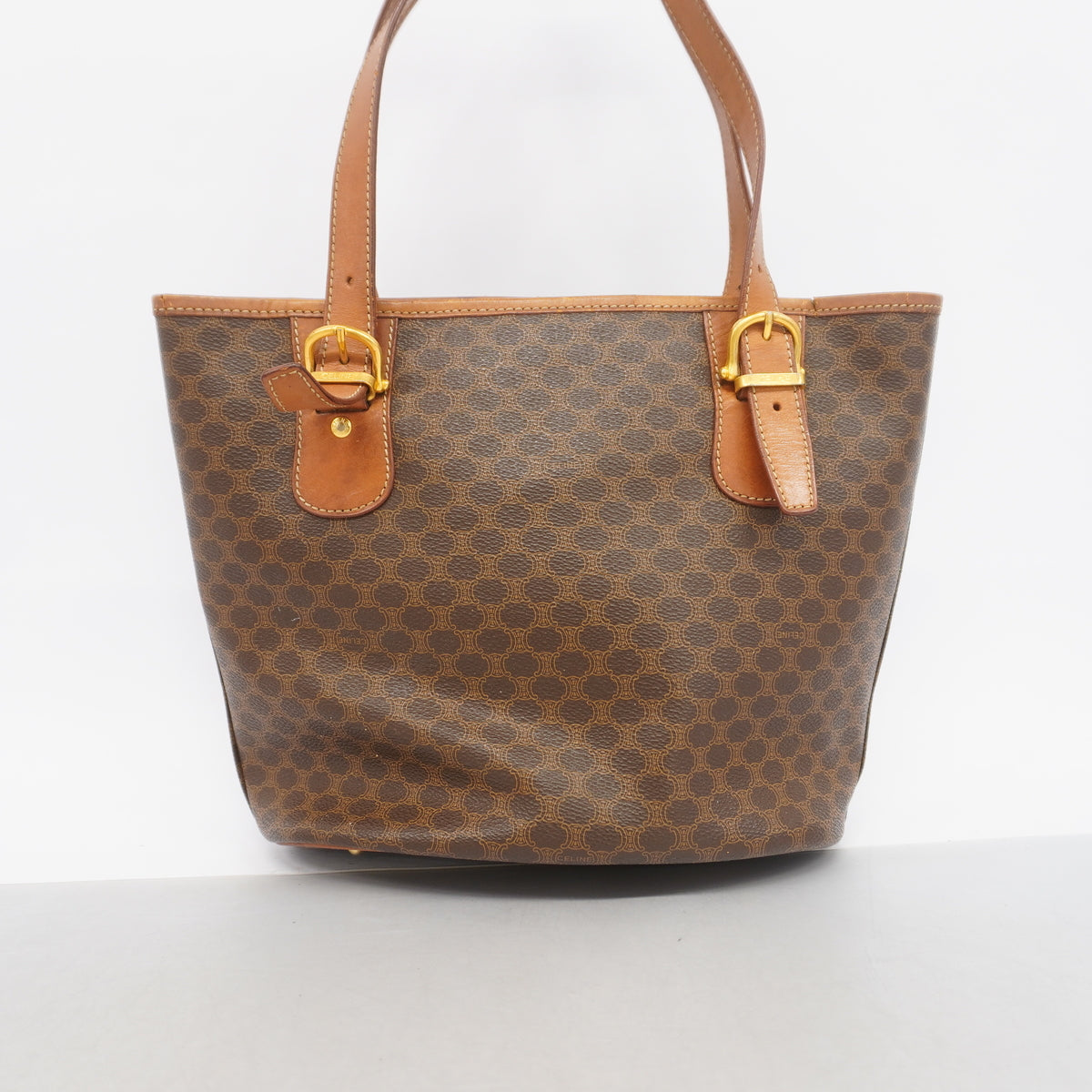 【6hb1326-k】セリーヌ トートバッグ マカダム PVC ブラウン ゴールド金具【中古】レディース