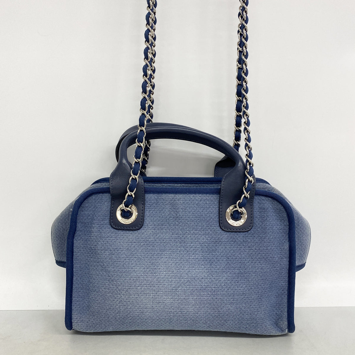 【6hb1402-k】シャネル ハンドバッグ ドーヴィル チェーンショルダー キャンバス ブルー シルバー金具 2wayバッグ【中古】レディース
