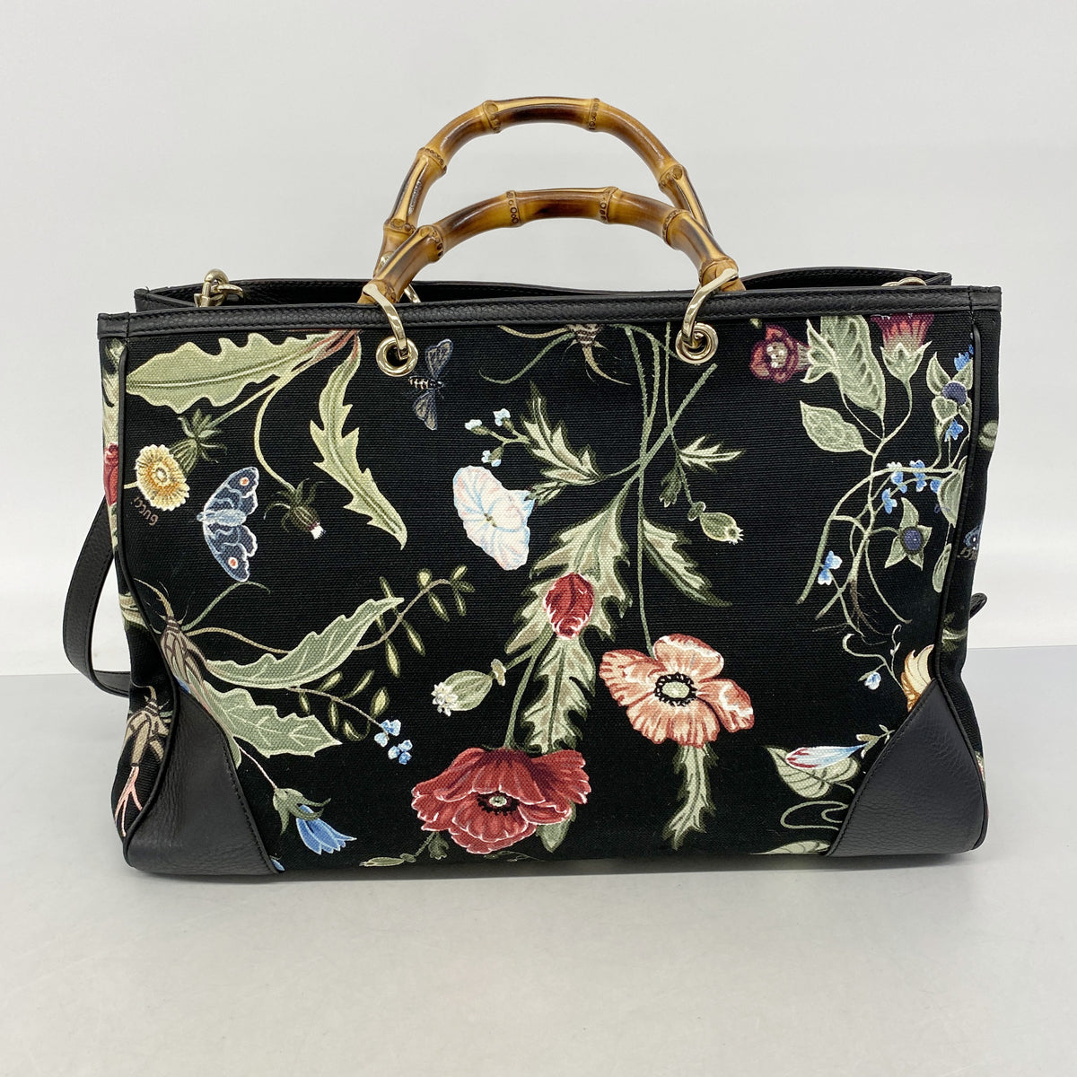 【6hf6157】グッチ トートバッグ GGブルームス バンブー 323658 キャンバス ブラック マルチカラー シャンパンゴールド金具 2wayバッグ【中古】レディース