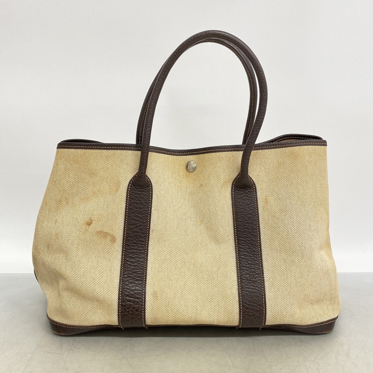 【6ib2874】エルメス トートバッグ ガーデンパーティPM トワルアッシュ ブラウン シルバー金具 □H刻印【中古】レディース