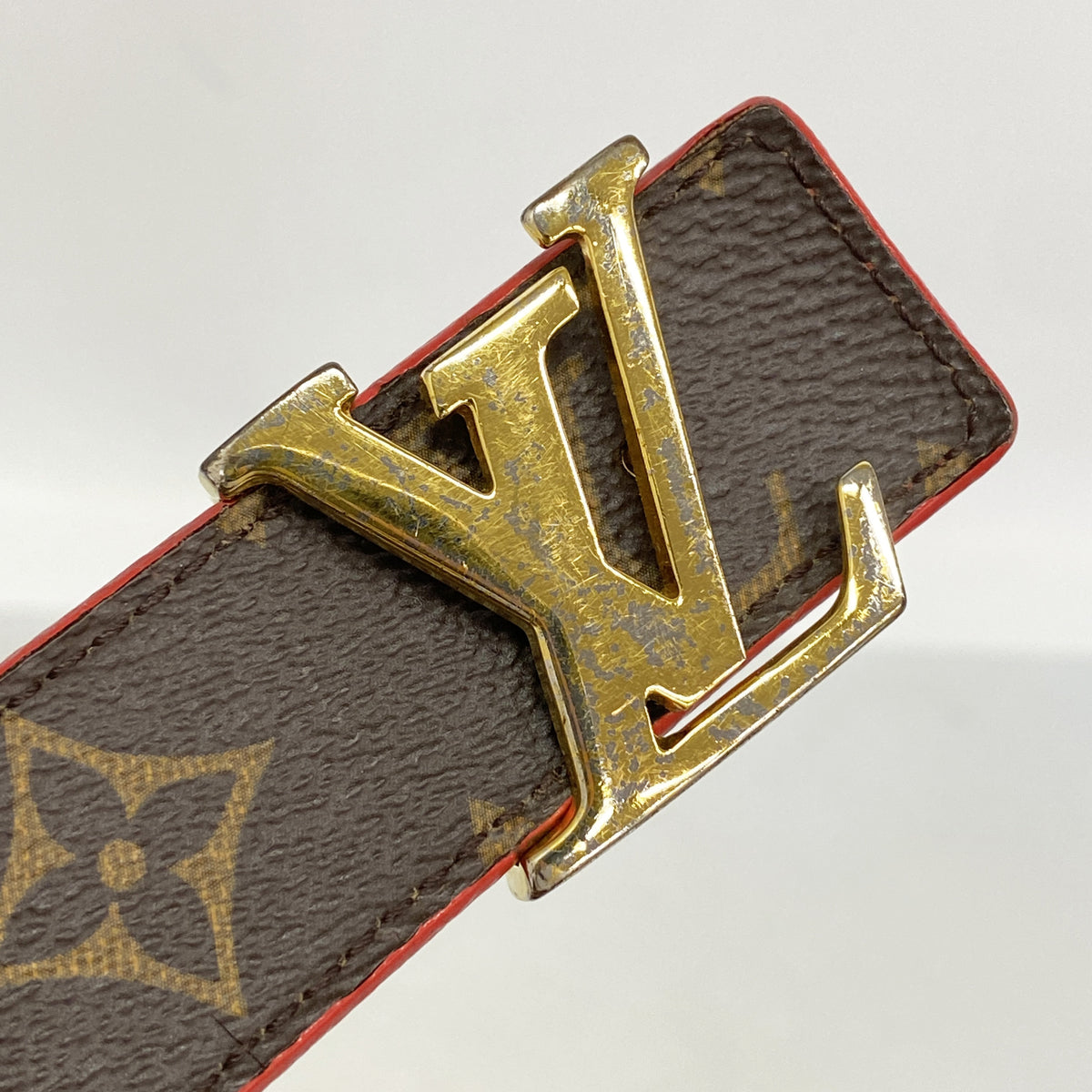 【6ic3781】ルイヴィトン ベルト モノグラム サンチュールLVイニシャル M9498 ブラウン レッド【中古】レディース
