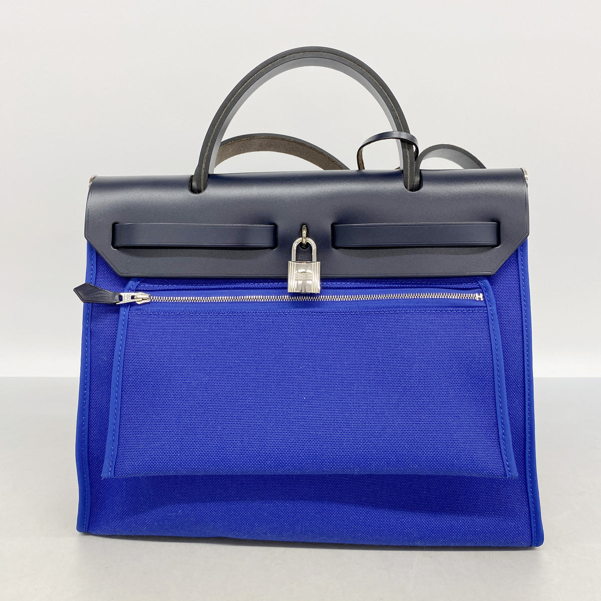 【6id5883】エルメス ハンドバッグ エールバッグジップPM トワルミリタリー ブラック ブルー シルバー金具 D刻印【中古】レディース