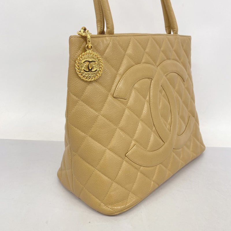 【5gd5297-h】シャネル トートバッグ 復刻トート キャビアスキン ベージュ ゴールド金具【中古】レディース
