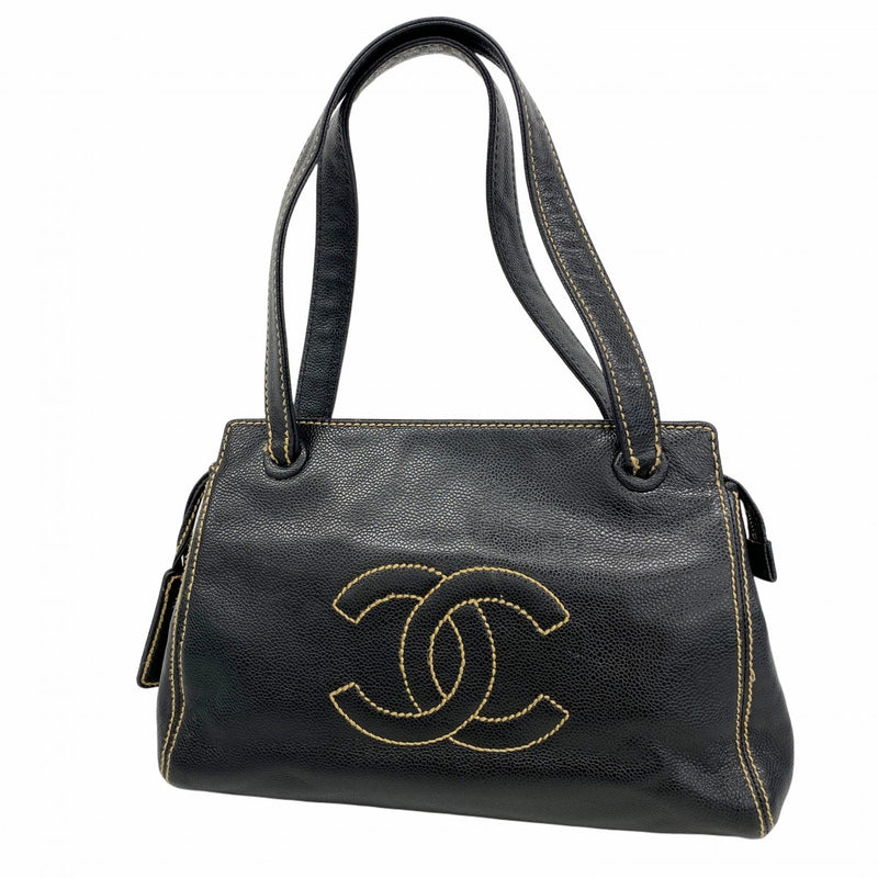 【5gd5384-h】シャネル ハンドバッグ キャビアスキン ブラック ゴールド金具【中古】レディース