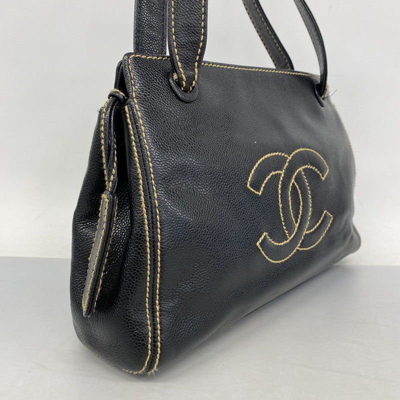 【5gd5384-h】シャネル ハンドバッグ キャビアスキン ブラック ゴールド金具【中古】レディース