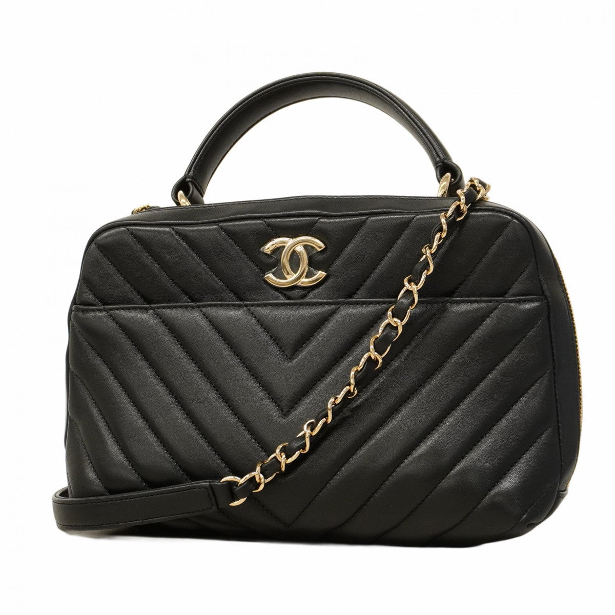 ★SALE【5gd5474-h】シャネル ハンドバッグ Vステッチ チェーン ラムスキン ブラック ゴールド金具【中古】レディース