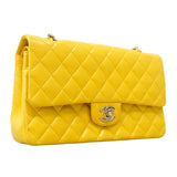 【5gd5478-h】シャネル ショルダーバッグ マトラッセ Wフラップ Wチェーン ラムスキン イエロー シルバー金具【中古】レディース