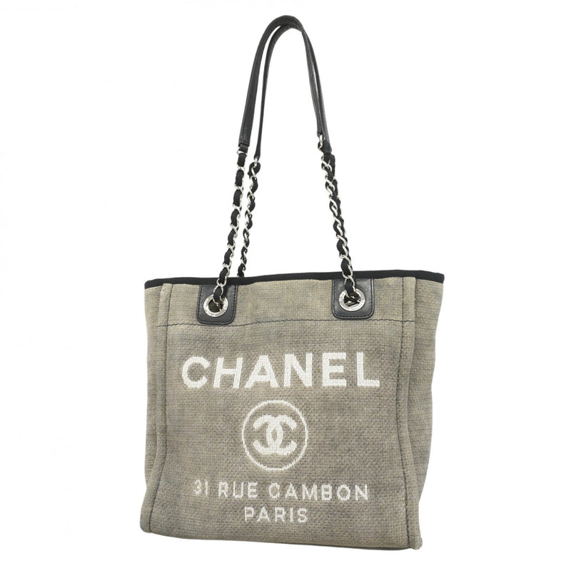 【5gd5485-h】シャネル トートバッグ ドーヴィル キャンバス グレー ブラック シルバー金具【中古】レディース