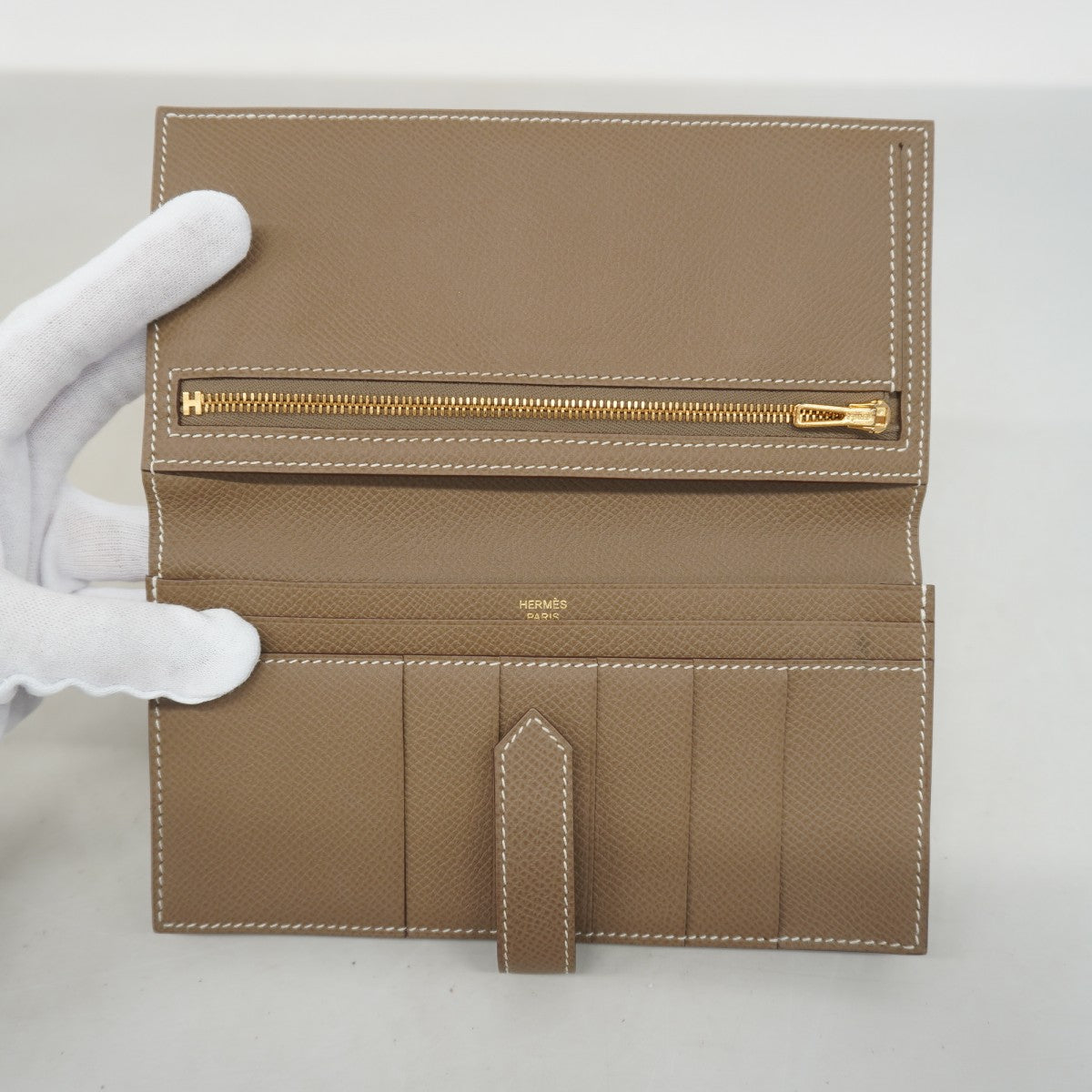 【5ge5811-h】エルメス 長財布 ベアンスフレ ヴォーエプソン エトゥープ ゴールド金具 C刻印【中古】メンズ レディース ユニセックス