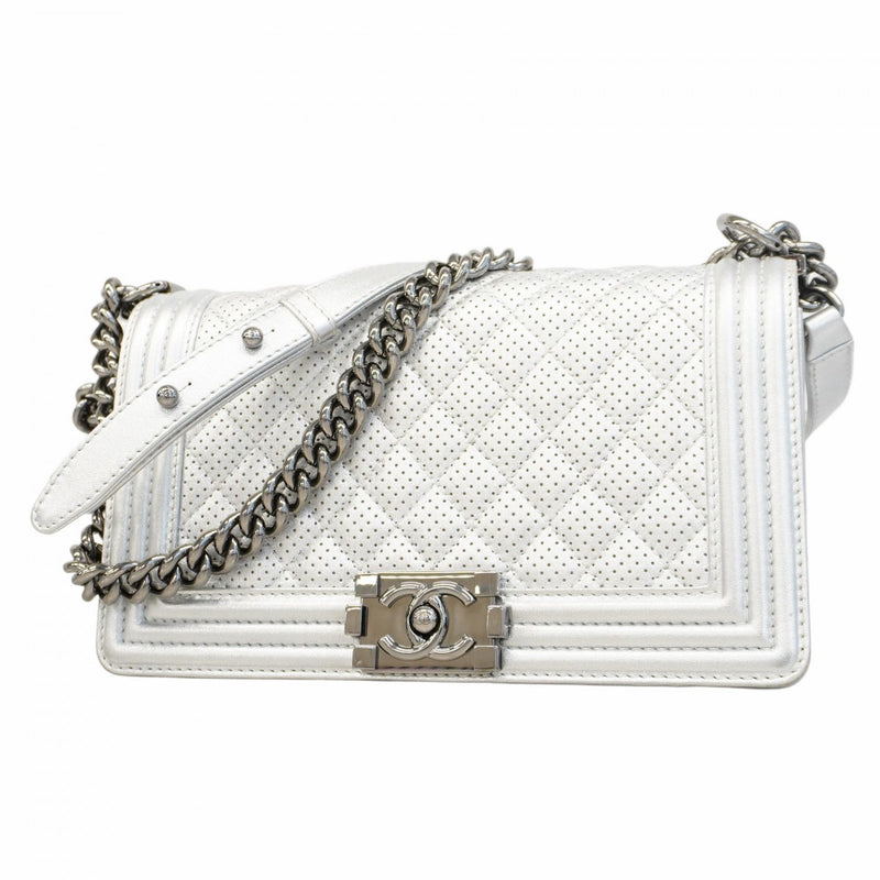 ★SALE【5ge6333-h】シャネル ショルダーバッグ ボーイシャネル チェーンショルダー パンチング レザー グレー シルバー金具【中古】レディース