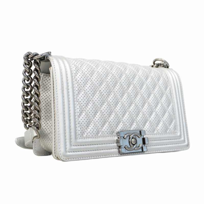 ★SALE【5ge6333-h】シャネル ショルダーバッグ ボーイシャネル チェーンショルダー パンチング レザー グレー シルバー金具【中古】レディース