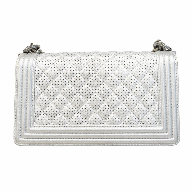 ★SALE【5ge6333-h】シャネル ショルダーバッグ ボーイシャネル チェーンショルダー パンチング レザー グレー シルバー金具【中古】レディース