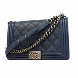 ★SALE【5ge6334-h】シャネル ショルダーバッグ ボーイシャネル/ワイルドステッチ チェーンショルダー レザー ネイビー シルバー金具【中古】レディース