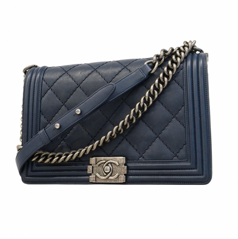 ★SALE【5ge6334-h】シャネル ショルダーバッグ ボーイシャネル/ワイルドステッチ チェーンショルダー レザー ネイビー シルバー金具【中古】レディース