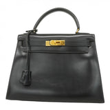 ★SALE【5hb0561-h】エルメス ハンドバッグ ケリー28 ボックスカーフ ブラック ゴールド金具 ○R刻印【中古】レディース