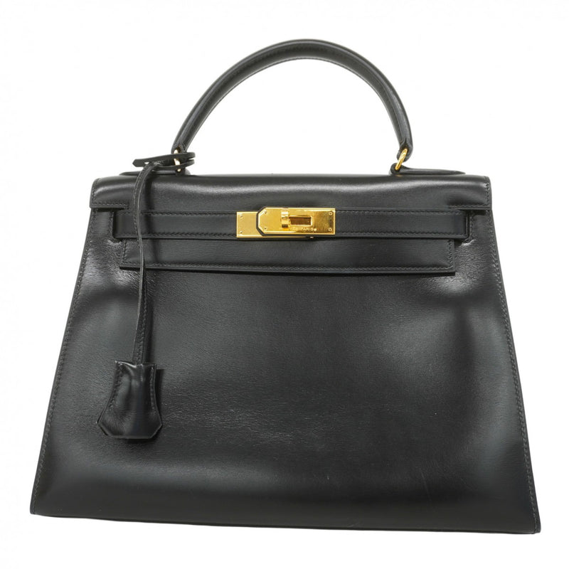 ★SALE【5hb0561-h】エルメス ハンドバッグ ケリー28 ボックスカーフ ブラック ゴールド金具 ○R刻印【中古】レディース