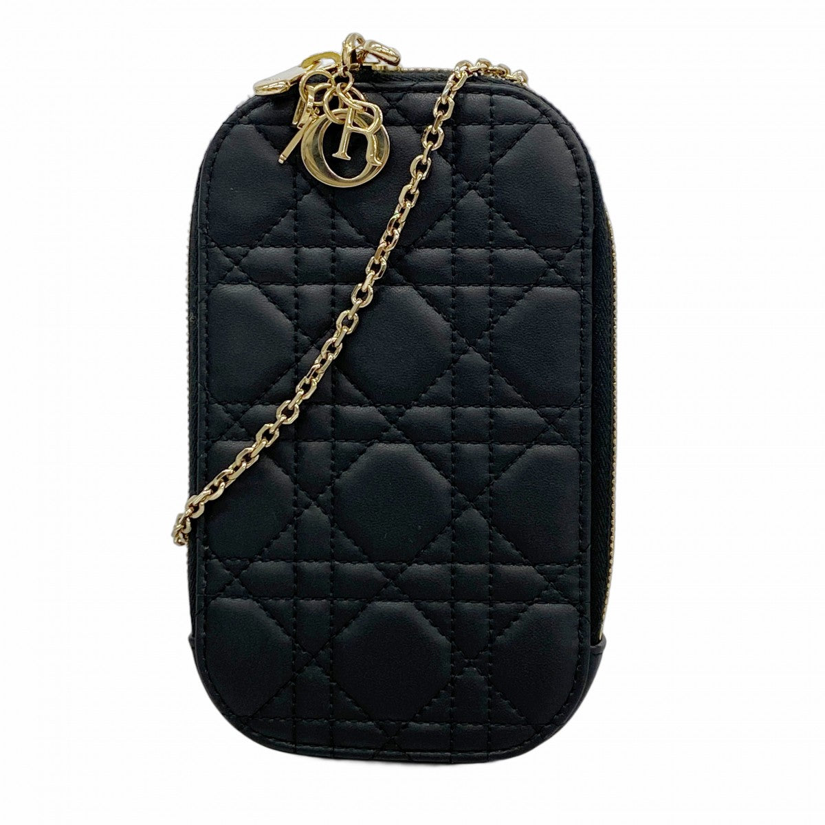 ★最終価格★SALE【5hc2265-h】クリスチャンディオール フォンケース カナージュ レザー ブラック ゴールド金具【中古】レディース