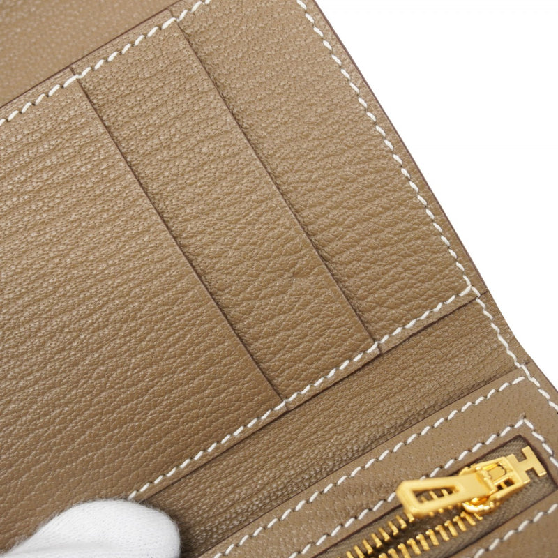 【5hc2695-h】エルメス 三つ折り財布 ベアンコンビネ シェーブル エトゥープ ゴールド金具 B刻印【中古】メンズ レディース ユニセックス
