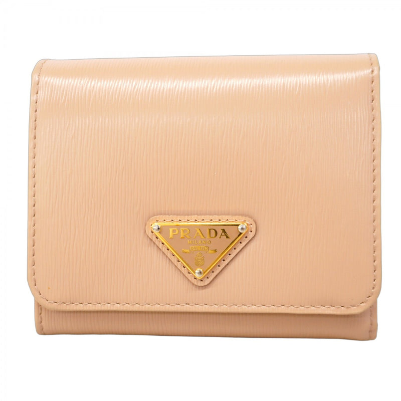 【5hd3267-h】プラダ 三つ折り財布 レザー ベージュ ゴールド金具【中古】レディース