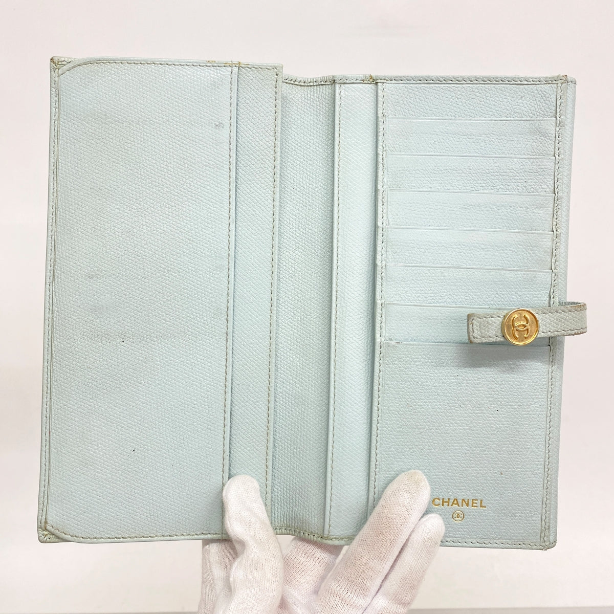 【5hd4281-h】シャネル 長財布 ココボタン レザー ブルー ゴールド金具【中古】レディース