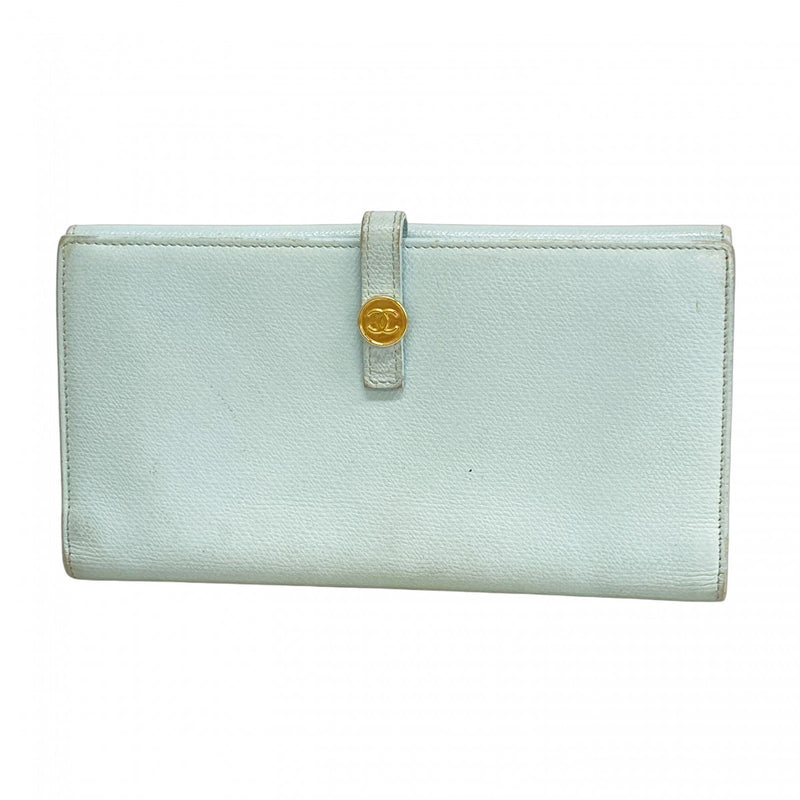【5hd4281-h】シャネル 長財布 ココボタン レザー ブルー ゴールド金具【中古】レディース