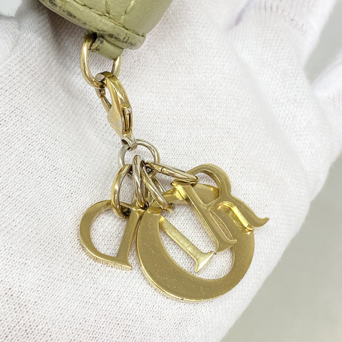 【5he4364-h】クリスチャンディオール 三つ折り財布 カナージュ レザー グリーン シャンパンゴールド金具【中古】レディース