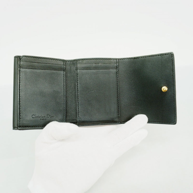 【5he4675-h】クリスチャンディオール 三つ折り財布 カナージュ レザー ブラック シャンパンゴールド金具【中古】レディース