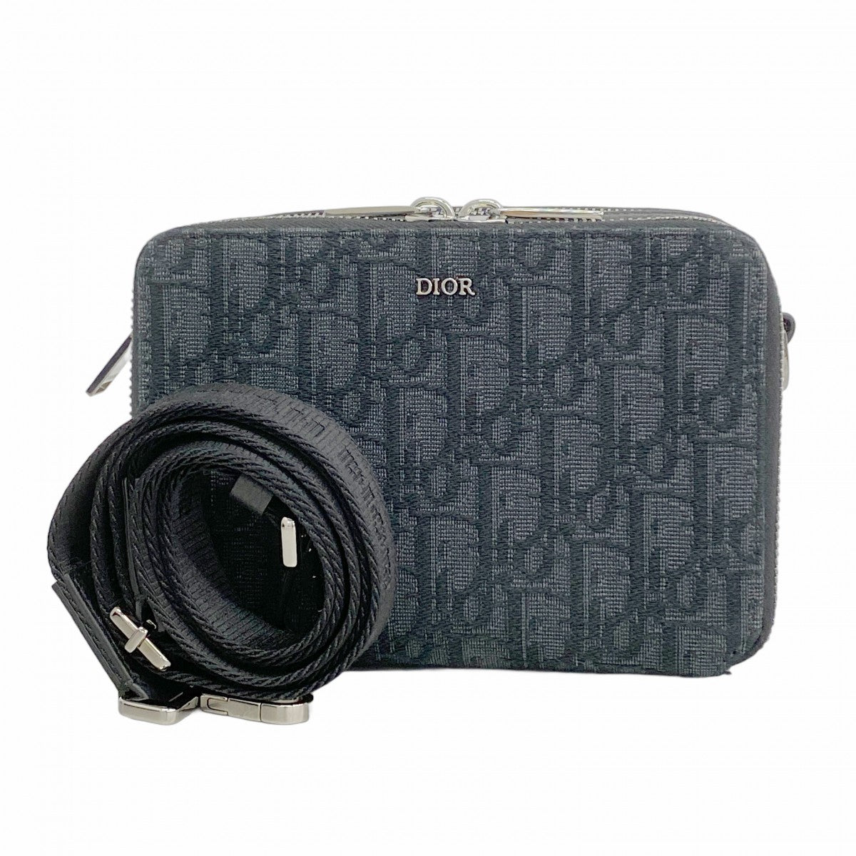 【5he4752-h】クリスチャンディオール ショルダーバッグ オブリークジャカード キャンバス レザー ブラック シルバー金具【中古】メンズ
