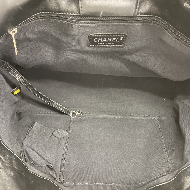 【5he4753-h】シャネル トートバッグ カメリア キャンバス ターコイズブルー ブラック シルバー金具【中古】レディース
