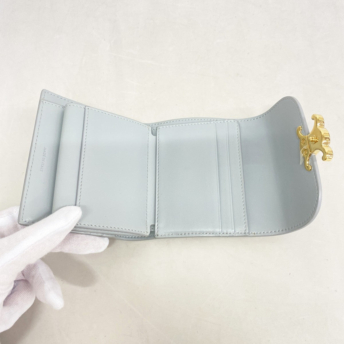 【5he4824-h】セリーヌ 三つ折り財布 トリオンフ レザー グレー ゴールド金具【中古】レディース