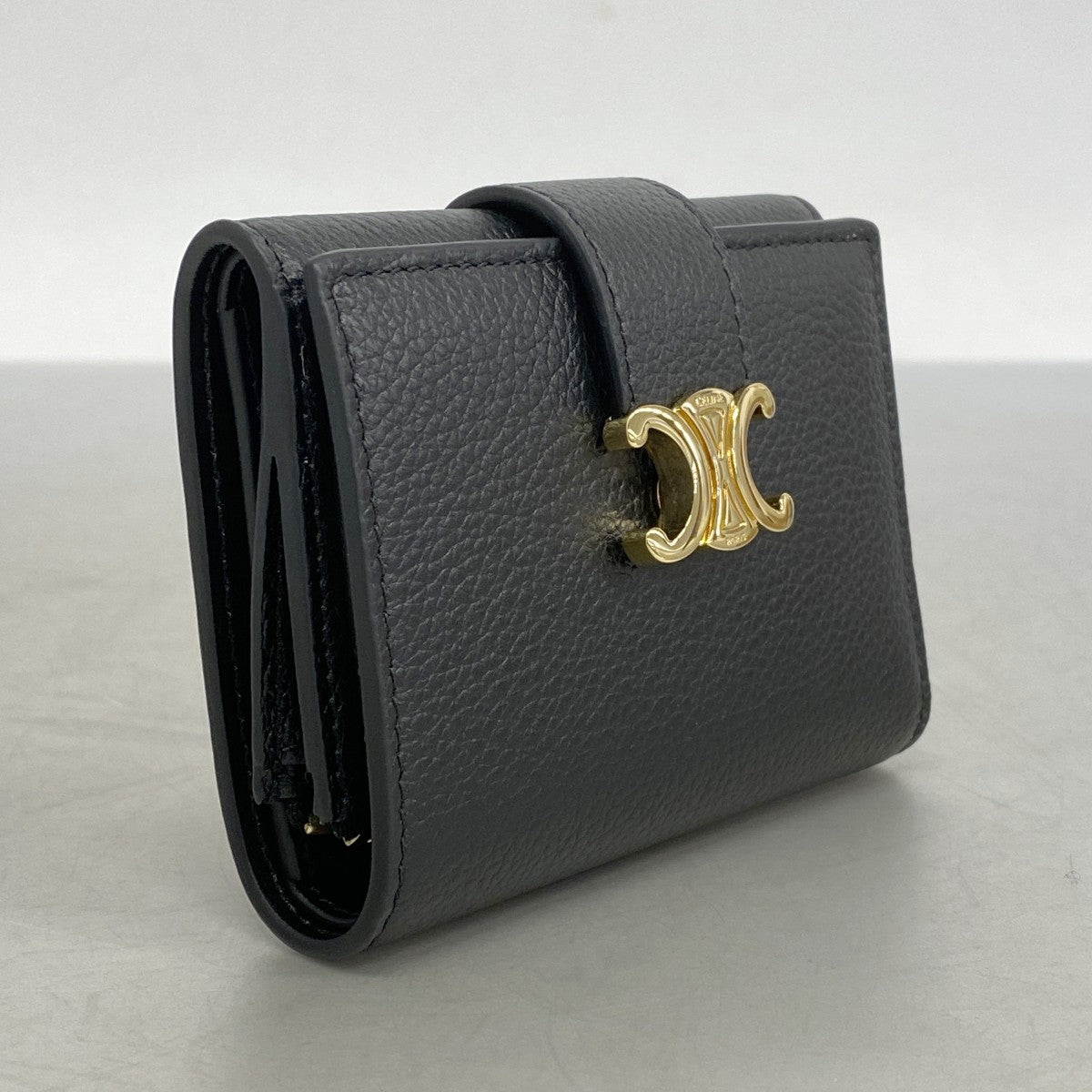 ★SALE【5he4825-h】セリーヌ 三つ折り財布 トリオンフ レザー ブラック ゴールド金具【中古】レディース
