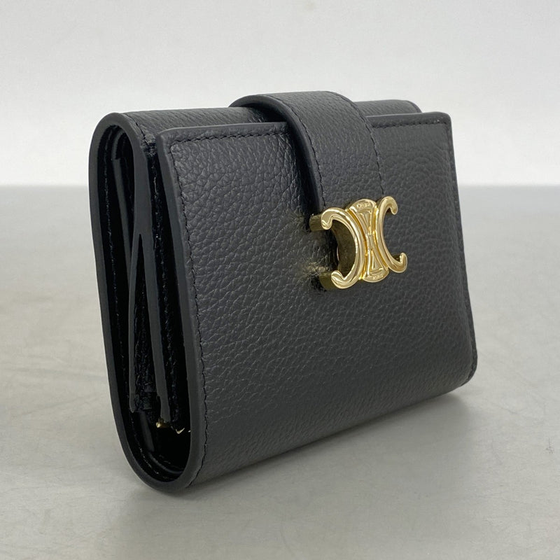 ★SALE【5he4825-h】セリーヌ 三つ折り財布 トリオンフ レザー ブラック ゴールド金具【中古】レディース