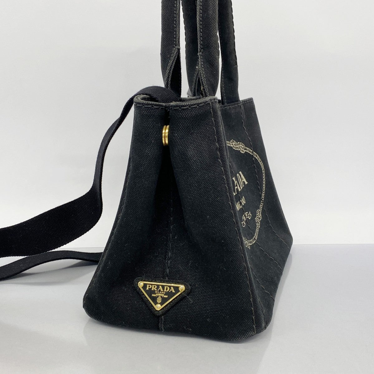 【5he5252-h】プラダ ハンドバッグ カナパ キャンバス ブラック ゴールド金具【中古】レディース
