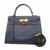 【5he5342-h】エルメス ハンドバッグ ケリー28 ボックスカーフ ネイビー ゴールド金具 ○O刻印【中古】レディース