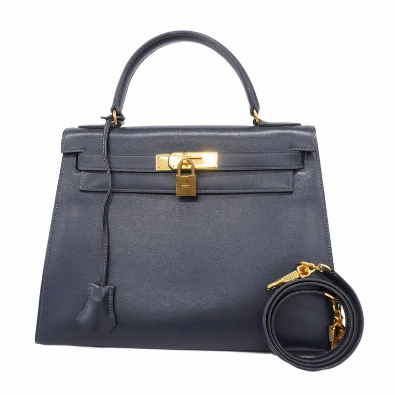 【5he5342-h】エルメス ハンドバッグ ケリー28 ボックスカーフ ネイビー ゴールド金具 ○O刻印【中古】レディース